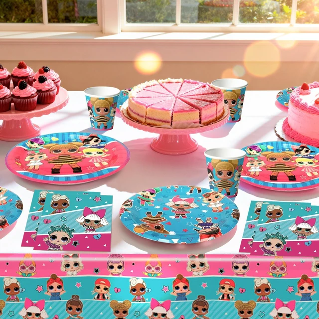 Alt view image 2 of 6 - Surprise Doll Party Supplies, 114 Pcs LOL Party Tableware Kit - Surprise Doll Tablecloth Plates Cups Napkins etc. Surprise Doll Theme Party Supplies Girls Birthday Party Decoration,Serves 16