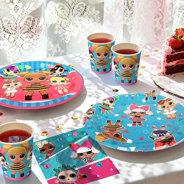 Alt view image 4 of 6 - Surprise Doll Party Supplies, 114 Pcs LOL Party Tableware Kit - Surprise Doll Tablecloth Plates Cups Napkins etc. Surprise Doll Theme Party Supplies Girls Birthday Party Decoration,Serves 16