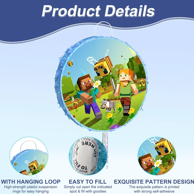 Alt view image 6 of 7 - 4pcs Pixel Game Pinata, Minecraft Round Pinata Set - Large Minecraft Pinata, Minecraft Pinata Eye Mask and Minecraft Pinata Stick ETC. Minecraft Decorations for Minecraft Party Decoration Pinata