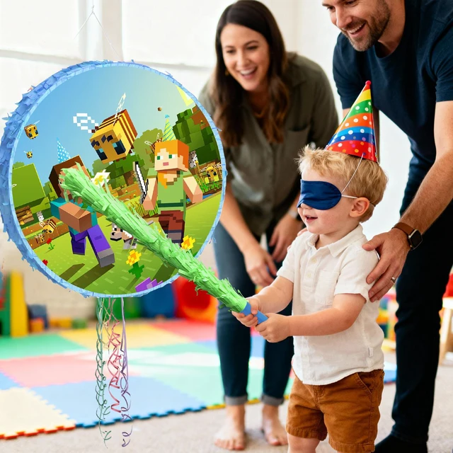 Alt view image 4 of 7 - 4pcs Pixel Game Pinata, Minecraft Round Pinata Set - Large Minecraft Pinata, Minecraft Pinata Eye Mask and Minecraft Pinata Stick ETC. Minecraft Decorations for Minecraft Party Decoration Pinata