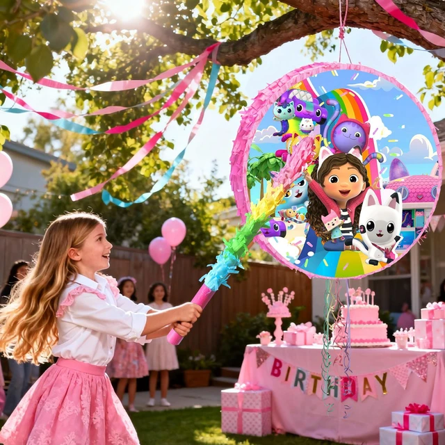 Alt view image 2 of 7 - 4 Pcs Gabby's Dollhouse Pinata, Gabby's Dollhouse Pinatas Bundle,Including Gabby's Dollhouse Theme Pinata,Gabby's Dollhouse Party Pinata Stick,Party Games Blindfold etc Gabby's Dollhouse Party Suppli