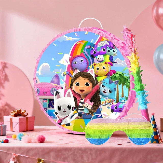 Alt view image 4 of 7 - 4 Pcs Gabby's Dollhouse Pinata, Gabby's Dollhouse Pinatas Bundle,Including Gabby's Dollhouse Theme Pinata,Gabby's Dollhouse Party Pinata Stick,Party Games Blindfold etc Gabby's Dollhouse Party Suppli