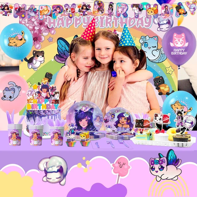 Alt view image 4 of 6 - Aphmau Theme Birthday Party Supplies, 112 Pcs Aphmau Party Decoration Tableware Set - Aphmau Balloons Background Banners Plates etc Aphmau Theme Party Decorations