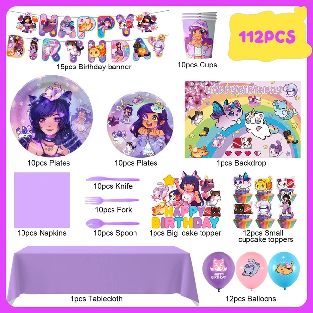 Alt view image 6 of 6 - Aphmau Theme Birthday Party Supplies, 112 Pcs Aphmau Party Decoration Tableware Set - Aphmau Balloons Background Banners Plates etc Aphmau Theme Party Decorations