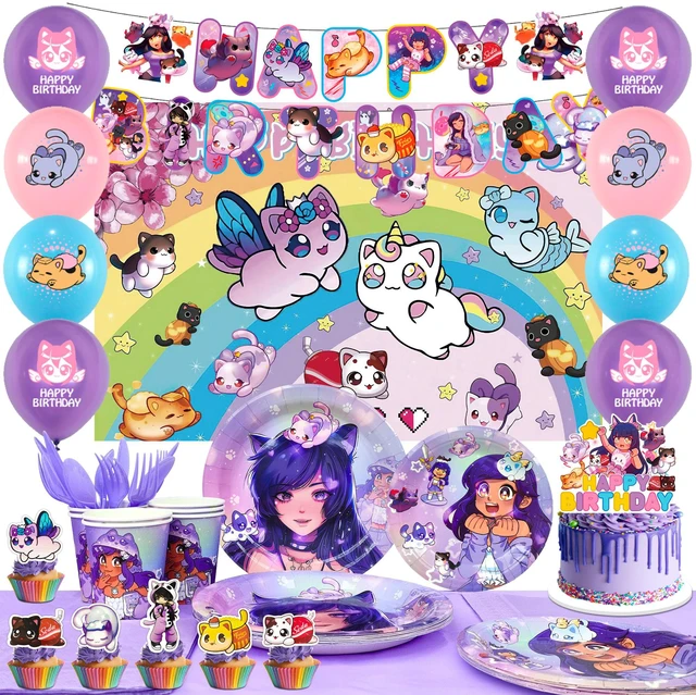 Main image of Aphmau Theme Birthday Party Supplies, 112 Pcs Aphmau Party Decoration Tableware Set - Aphmau Balloons Background Banners Plates etc Aphmau Theme Party Decorations