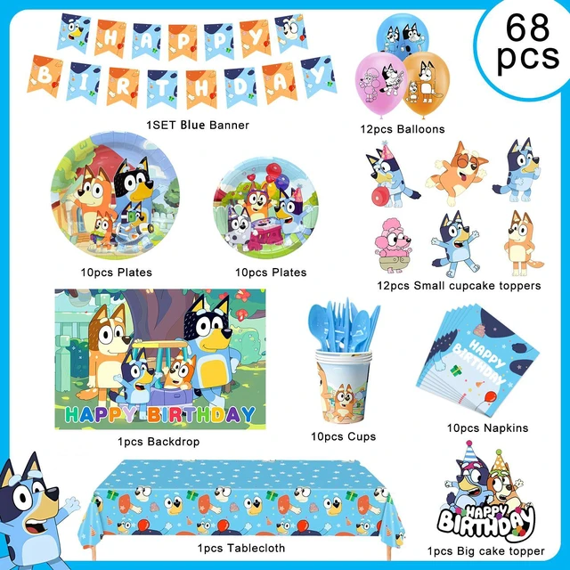 Alt view image 7 of 7 - Bluey Birthday Decorations, 98pcs Bluey Party Decorations & Bluey Tableware Sets - Bluey Birthday Plates, Napkins and Bluey Balloon Backdrops Cake Decorations and Other Bluey Birthday Party Supplies