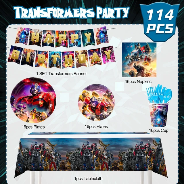 Alt view image 6 of 6 - Transformers Birthday Party Decoration Tableware Set, 114pcs Transformers Party Supplies Tableware - Transformers Table Cloth Banner Plates Napkins Cups for Transformers Birthday Party Decorations