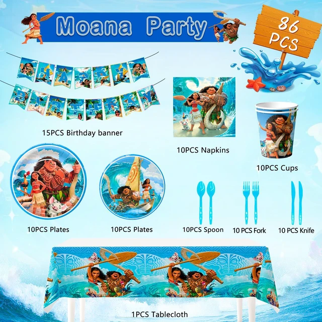 Alt view image 7 of 7 - Moana Party Tableware Set,86 Pcs Moana Birthday Party Decorations Tableware Packs Includ Moana Banners Tablecloth Plates Cups Napkins etc Moana Theme Party Supplies for Boys/Girls,Serves 10