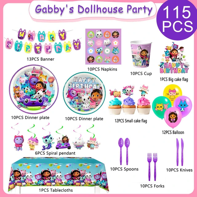 Alt view image 6 of 6 - Gabby Dollhouse Party Supplies,115pcs Gabby Decoration&Tableware Set-Gabby Dollhouse Birthday Party Plates Cups Napkins,Gabby Dollhouse Party Balloons Banner etc Gabby Dollhouse Birthday Decorations