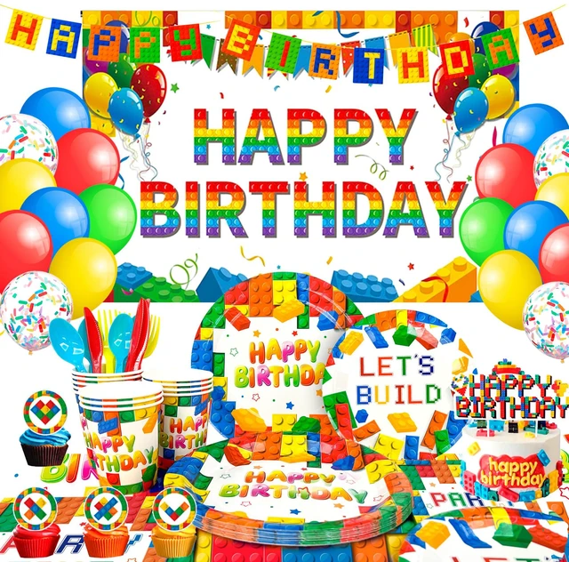 Main image of Building Block Birthday Party Supplies,114pcs Building Blocks Party Decorations & Tableware Set - Building Block Party Plates Tablecloth Banner Backdrop etc Building Blocks Themed Party Supplies