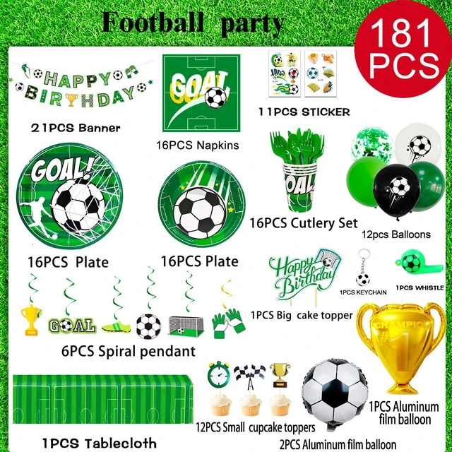 Alt view image 6 of 6 - Soccer Birthday Party Supplies,181pcs Soccer Party Decorations & Tableware Set -Soccer Birthday Banner Balloons Tablecloth Plates Cups Napkins & Whistle Keychain,Ect Boys Sports Theme Birthday Decor