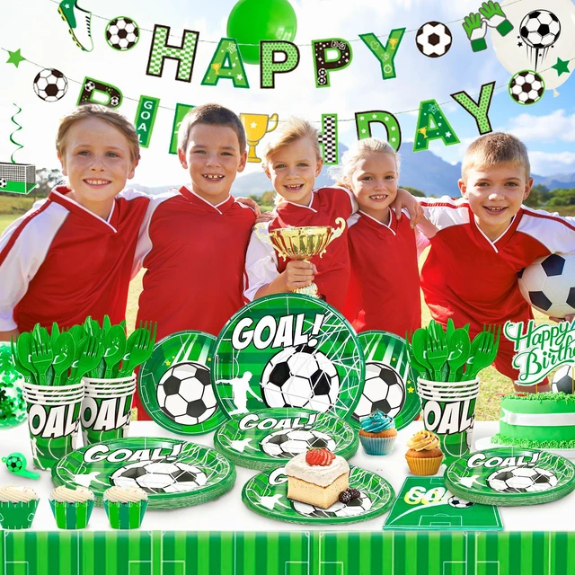 Alt view image 3 of 6 - Soccer Birthday Party Supplies,181pcs Soccer Party Decorations & Tableware Set -Soccer Birthday Banner Balloons Tablecloth Plates Cups Napkins & Whistle Keychain,Ect Boys Sports Theme Birthday Decor