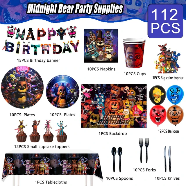 Alt view image 6 of 6 - Fnaf Birthday Party Supplies, 112pcs Five Nights at Freddy's Birthday Decorations & Tableware Set - Fnaf Party Plates and Cups Tablecloth Backdrop Banner Balloon etc Fnaf Birthday Decorations for Kids