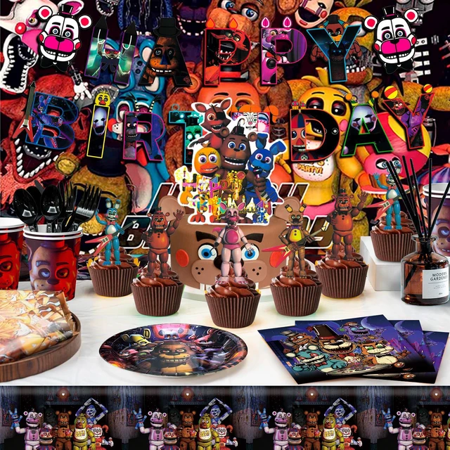 Alt view image 4 of 6 - Fnaf Birthday Party Supplies, 112pcs Five Nights at Freddy's Birthday Decorations & Tableware Set - Fnaf Party Plates and Cups Tablecloth Backdrop Banner Balloon etc Fnaf Birthday Decorations for Kids