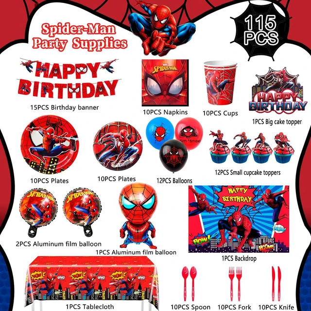 Alt view image 6 of 6 - 115 Pcs Spiderman Birthday Decorations & Spiderman Party Tableware Set-Spiderman Party Balloons Banner Plate etc Marvel Spiderman Party Decorations
