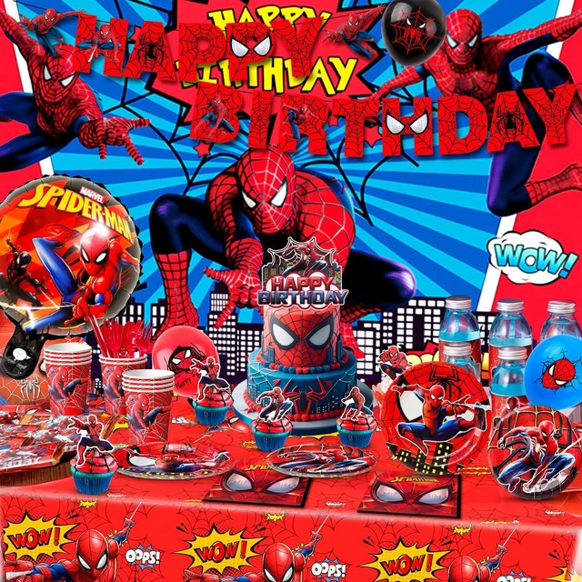 Alt view image 2 of 6 - 115 Pcs Spiderman Birthday Decorations & Spiderman Party Tableware Set-Spiderman Party Balloons Banner Plate etc Marvel Spiderman Party Decorations