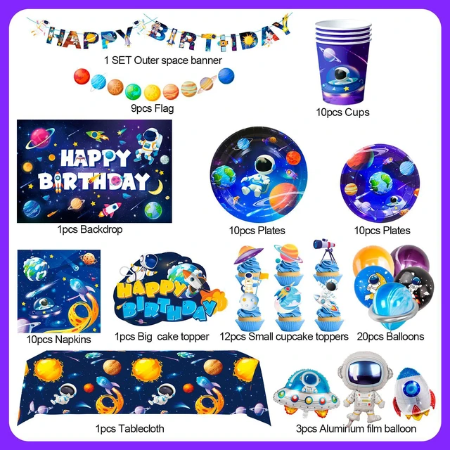 Alt view image 7 of 7 - Space Birthday Party Decorations,132pcs Space Birthday Decorations&Outer Space Birthday Tableware Set- Outer Space Birthday Party Plates Tablecloth Backdrop Balloon etc Space Themed Party Decorations