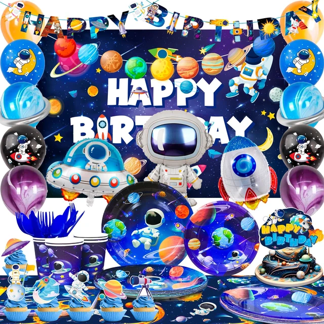 Main image of Space Birthday Party Decorations,132pcs Space Birthday Decorations&Outer Space Birthday Tableware Set- Outer Space Birthday Party Plates Tablecloth Backdrop Balloon etc Space Themed Party Decorations