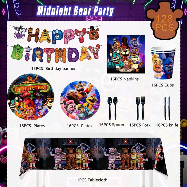 Alt view image 6 of 7 - 128 Pcs Five Nights at Freddy's Birthday Tableware Set - Five Nights at Freddy's Party Plates & Cups Tablecloth Napkins etc Five Nights at Freddy's Birthday Party Supplies