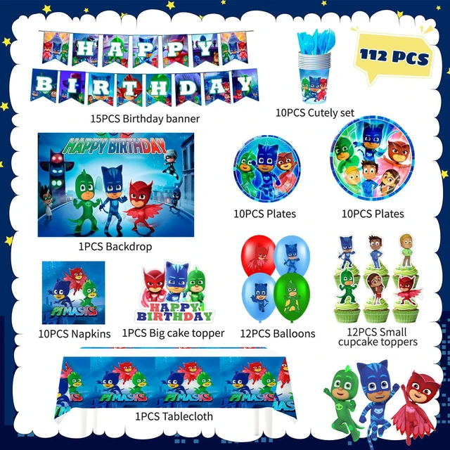Alt view image 7 of 7 - PJ Masks Birthday Decorations,112 Pcs PJ Masks Party Decorations & PJ Masks Tableware set- PJ Masks Birthday Plates Napkins & PJ Masks Balloons Banner Cake Toppers etc PJ Masks Birthday Party Supplies