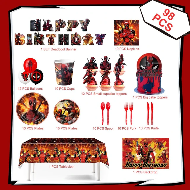 Alt view image 6 of 6 - Deadpool Party Supplies,98 Pcs Deadpool Birthday Decorations & Deadpool Party Tableware Set - Deadpool Decorations Balloons Banner & Tablecloth Plates Cups Napkins etc Deadpool Birthday Party Supplies