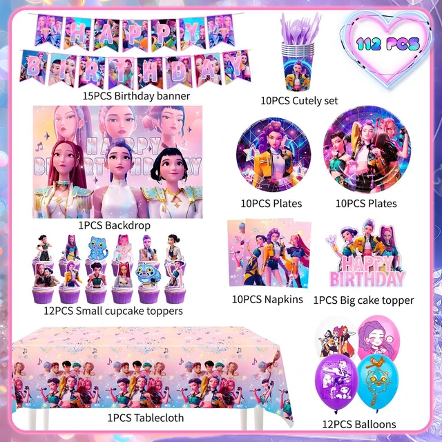 Alt view image 7 of 7 - 112 Pcs Kpop Demon Hunter Birthday Decorations & Tableware Set - Kpop Demon Hunter Party Banner Balloons Plates etc Kpop Demon Hunter Party Decorations