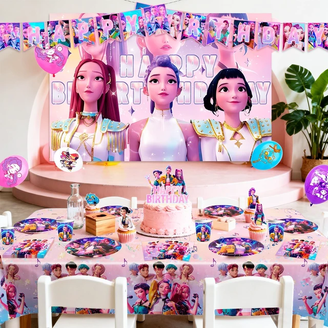 Alt view image 5 of 7 - 112 Pcs Kpop Demon Hunter Birthday Decorations & Tableware Set - Kpop Demon Hunter Party Banner Balloons Plates etc Kpop Demon Hunter Party Decorations