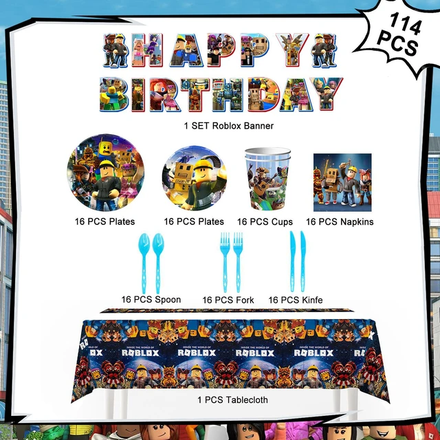 Alt view image 5 of 6 - 114Pcs Roblox Birthday Party Decoration Tableware Set, Roblox Party Supplies Tableware including Roblox Tablecloth Banner Plates Napkins Cups for Roblox Birthday Party Decoration