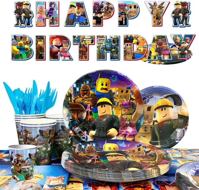 Main image of 114Pcs Roblox Birthday Party Decoration Tableware Set, Roblox Party Supplies Tableware including Roblox Tablecloth Banner Plates Napkins Cups for Roblox Birthday Party Decoration