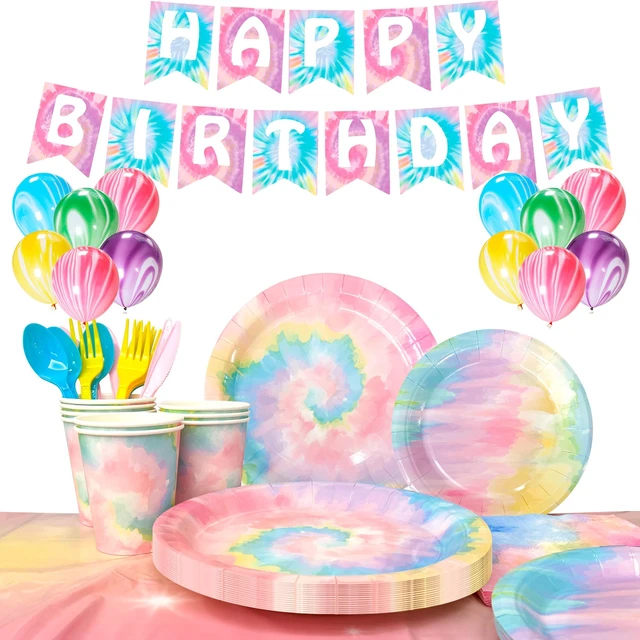 Main image of Tie Dye Birthday Party Supplies,138pcs Tie Dye Tableware & Decorations Set - Tie Dye Plates and Napkins Cups & Rainbow Table Cloth & Tie Dye Birthday Banner Balloons etc Rainbow Tie Dye Party Supplies