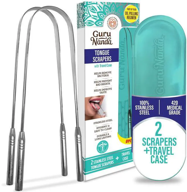 Main image of Tongue Scraper for Adults (2 Pack) with Travel Case, 420 Medical-grade 100% Stainless Steel Tongue Cleaner, Aids in Fresh Breath & Oral Care