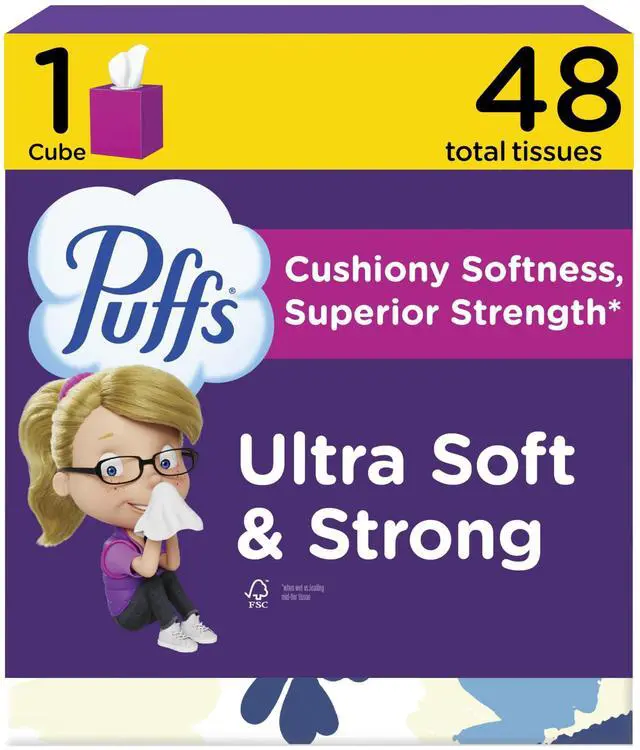 Main image of Ultra soft facial tissues, cube box contains 48 tissues, suitable for allergies and colds, packaging may vary