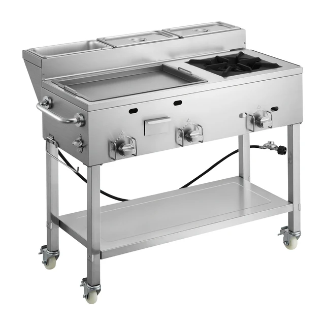 Alt view image 15 of 15 - VEVOR Outdoor Propane Griddle, 3 Burners (11,600 BTU Each), Commercial Stainless Steel Griddle with Three 1/3 Size Food Pans, Portable Cart with Wheels & Gas Stove, for Hot Dogs, Burgers & Meats