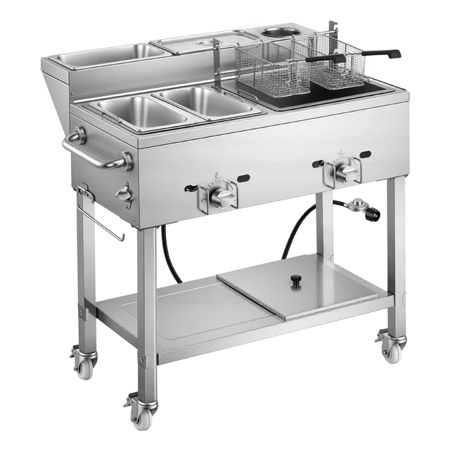 Alt view image 8 of 8 - VEVOR Outdoor Propane Deep Fryer, 2 Burners (11,600 BTU Each), Commercial Fryer with Two 1/3 Size Food Warming Pans, Multi-Purpose Frying Cart with 4 Lockable Wheels, for Fried Chicken & Fries