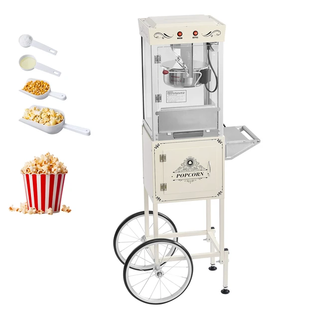 Alt view image 10 of 10 - VEVOR Popcorn Machine with Cart, 8oz Stainless Steel Kettle, 800W Commercial Popcorn Maker, 48 Cups per Batch Theater Style Popper, with 2-Button Control Glass Wall PC Door 1 Scoop 3 Spoons, White
