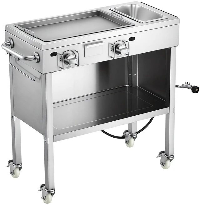 Alt view image 8 of 8 - VEVOR Outdoor Propane Griddle, 2 Burners (11,600 BTU Each), Commercial Stainless Steel Gas Griddle Cart with 4 Lockable Wheels, 1/3 Food Pan, Easy-Grip Side Handle, Ideal for Hot Dogs, Burgers & Meats