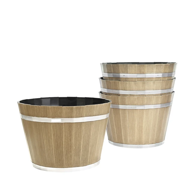 Alt view image 9 of 9 - Resin Whiskey Barrel Planter Garden Flower Plant Pot 11.81 x 11.81 x 8.27 in