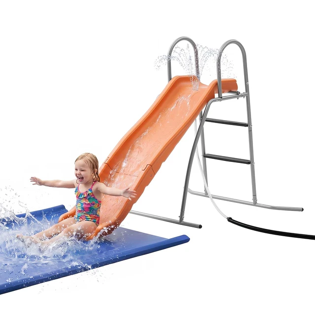 Alt view image 8 of 8 - VEVOR Water Slide, 5.5ft Outdoor Waterslide for Kids, Free Standing Pool Wave Slide with 6.5ft Ground Tarp, Built in Adjustable Sprinkler, Metal Plastic Playground Equipment, Platform for Backyard Fun