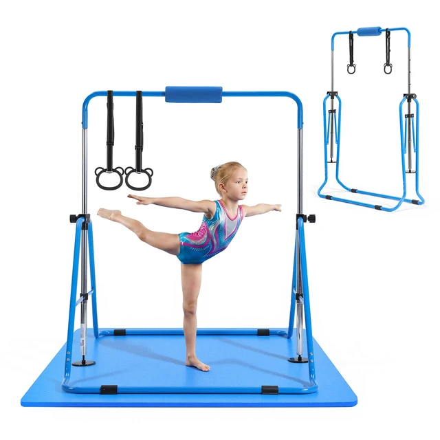 Alt view image 8 of 8 - VEVOR Gymnastic Bars for Kids, 140 lbs Capacity Folding Training Kip Bar with Mat, Adjustable Height Gymnastic Horizontal Bar for Home, Training Equipment for Indoor Outdoor, Easy to Assemble, Blue