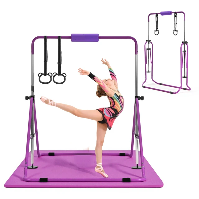 Alt view image 8 of 8 - VEVOR Gymnastic Bars for Kids, 140 lbs Capacity Folding Training Kip Bar with Mat, Adjustable Height Gymnastic Horizontal Bar for Home, Training Equipment for Indoor Outdoor, Easy to Assemble, Purple