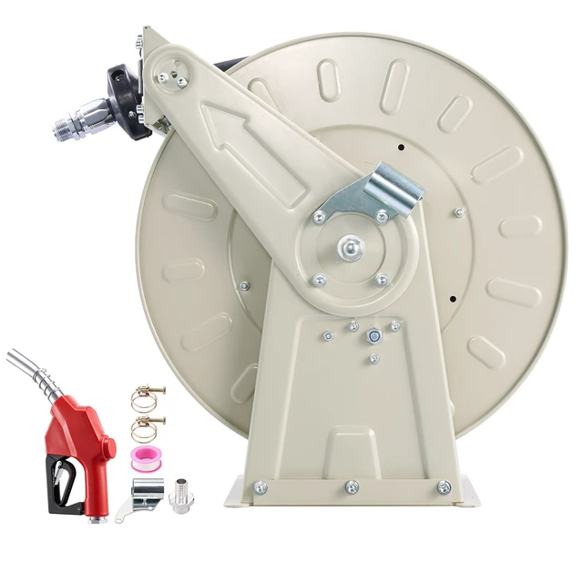 Alt view image 8 of 8 - VEVOR Fuel Hose Reel, 1 inch x 50 ft Retractable, Spring Driven Auto Swivel Rewind, 300 PSI, Heavy-Duty Carbon Steel Construction with Industrial Grade Rubber Hose, for Diesel Fuel, Kerosene