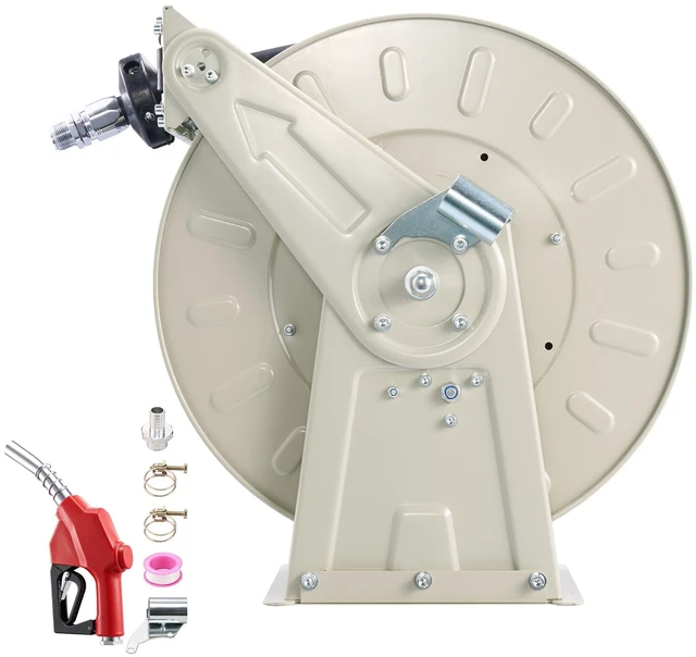 Alt view image 8 of 8 - VEVOR Fuel Hose Reel, 1 inch x 33 ft Retractable, Spring Driven Auto Swivel Rewind, 300 PSI, Heavy-Duty Carbon Steel Construction with Industrial Grade Rubber Hose, for Diesel Fuel, Kerosene