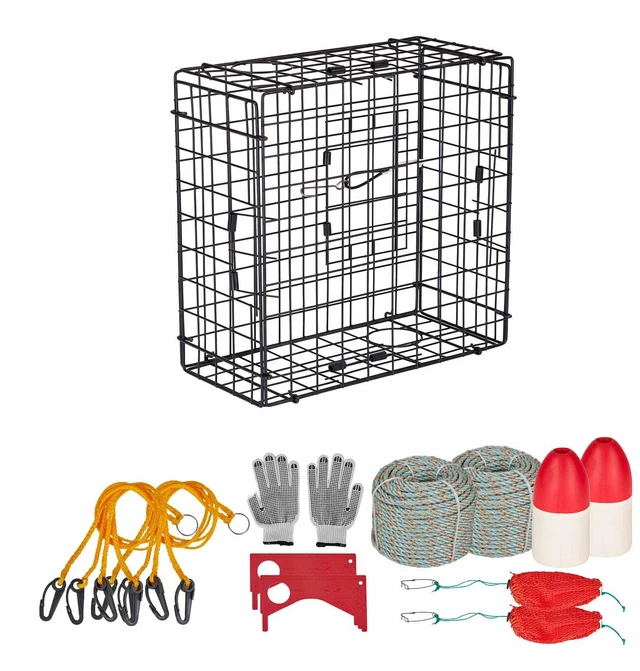 Main image of VEVOR Crab Trap, 2 Packs, 24.4x24.4x11.8 inch Heavy Duty Large Crab Pot Trap for Dungeness, Black PVC Coated Wire Mesh for Stealth, with Gauge, Red/White Float, 100ft Leaded Core Rope, and Gloves