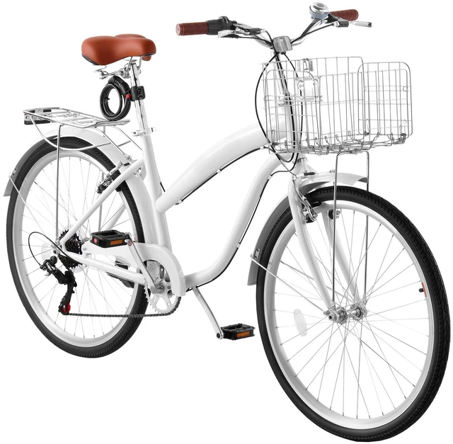 Main image of VEVOR Women Bike, 26 in Beach Cruiser Bike, 7-Speed Adult City Bicycle with Carbon Steel Frame, 330 lbs Capacity, Basket, Rear Rack & Dual V-Brakes, White