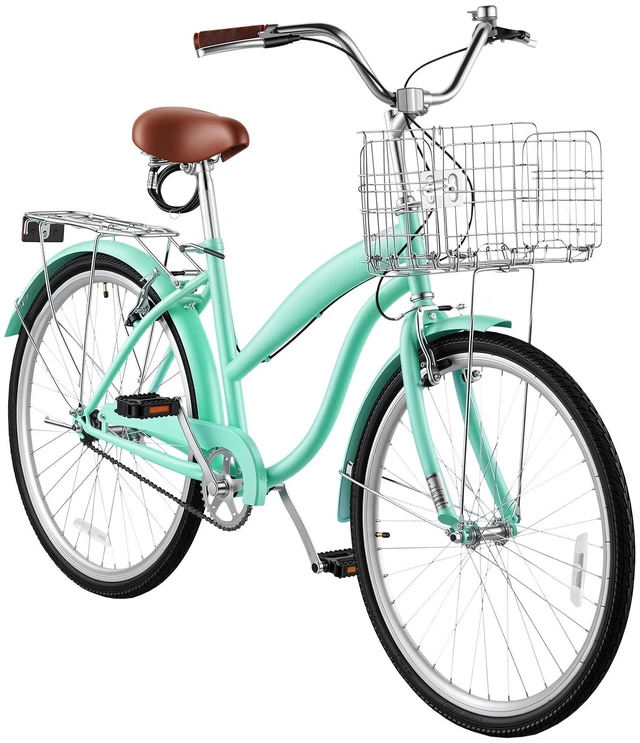 Main image of VEVOR Women Bike, 26 in Beach Cruiser Bike, Single-Speed Adult City Bicycle with Steel Frame, 330 lbs Capacity, Basket, Rear Rack & Dual V-Brakes, Mint Green