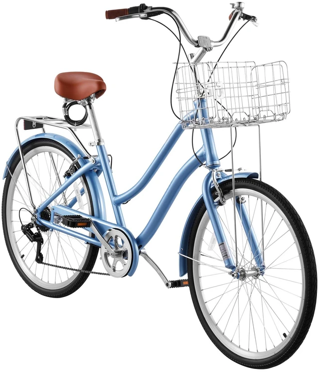 Main image of VEVOR Women Bike, 26 in Beach Cruiser Bike, 7-Speed Adult City Bicycle with Aluminum Alloy Frame, 330 lbs Capacity, Basket, Rear Rack & Dual V-Brakes, Light Blue