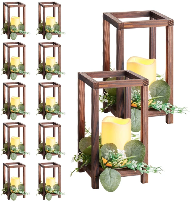 Alt view image 9 of 9 - VEVOR 12 Set/36 Pcs Wooden Wedding Lantern Centerpiece, Includes 12 Wooden Lantern Candle Holder 12 Flameless LED Candle 12 Eucalyptus Leaves Wreath for Wedding Table Party Farmhouse Decor, Brown