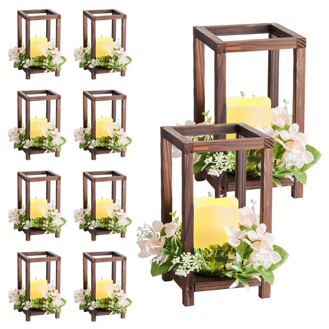 Alt view image 9 of 9 - VEVOR 10 Set/30 Pcs Wooden Wedding Lantern Centerpiece, Includes 10 Wooden Lantern Candle Holder 10 Flameless LED Candle 10 Champagne Flower Wreath for Wedding Table Party Farmhouse Decor, Brown