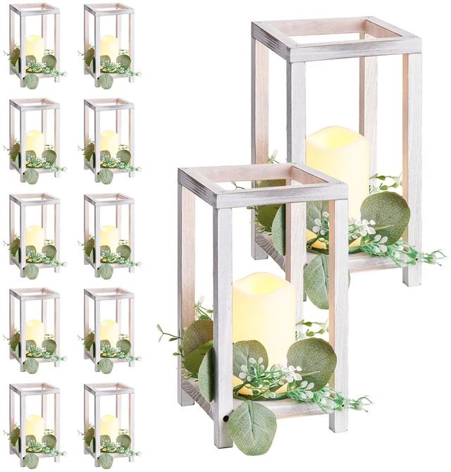 Alt view image 9 of 9 - VEVOR 12 Set/36 Pcs Wooden Wedding Lantern Centerpiece, Includes 12 Wooden Lantern Candle Holder 12 Flameless LED Candle 12 Eucalyptus Leaves Wreath for Wedding Table Party Farmhouse Decor, White