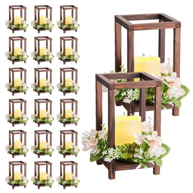 Alt view image 9 of 9 - VEVOR 20 Set/60 Pcs Wooden Wedding Lantern Centerpiece, Includes 20 Wooden Lantern Candle Holder 20 Flameless LED Candle 20 Champagne Flower Wreath for Wedding Table Party Farmhouse Decor, Brown